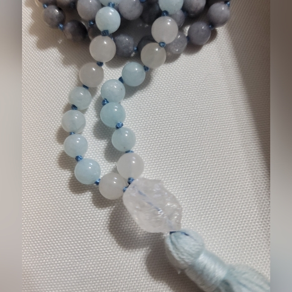 Aquamarine, Amazonite & Quartz Prayer Mala Beads, 24" - Picture 8 of 12